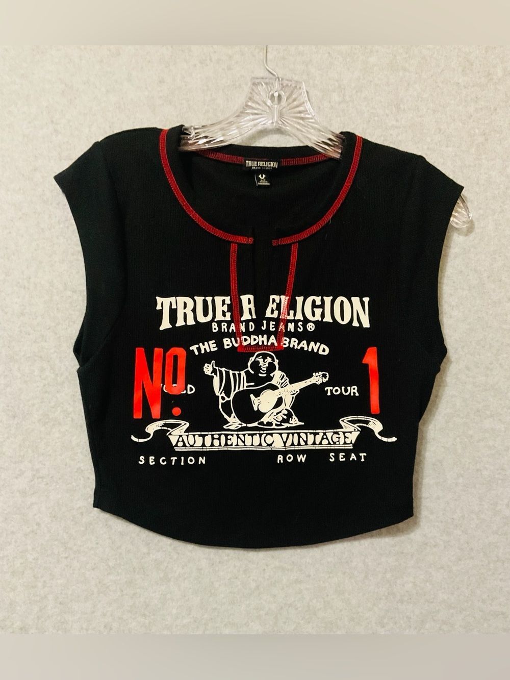 True Religion Black Cropped Graphic Tank Top with Red Accents SZ S